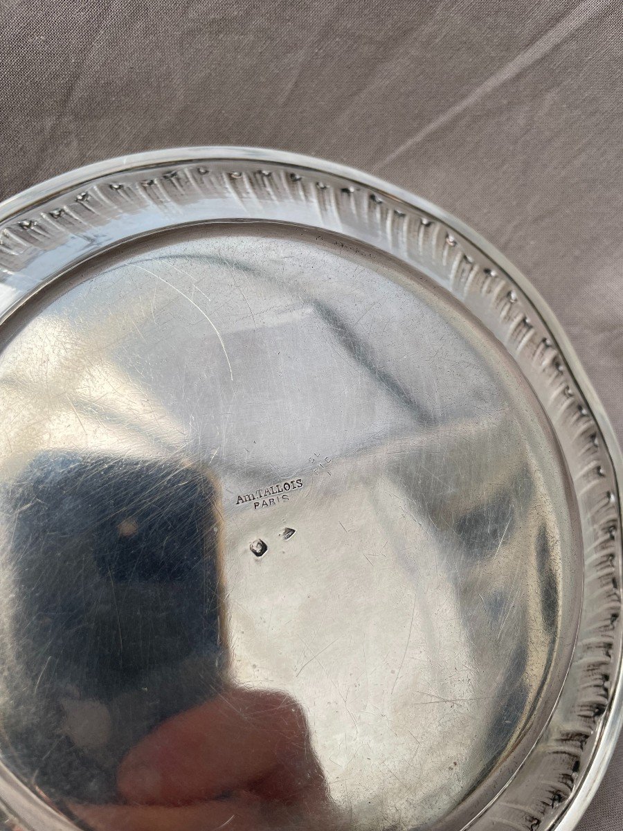 A.M TALLOIS orfèvre Paris argent massif Minerve 950/°° assiette creuse à bouillie gravée Léon -photo-1