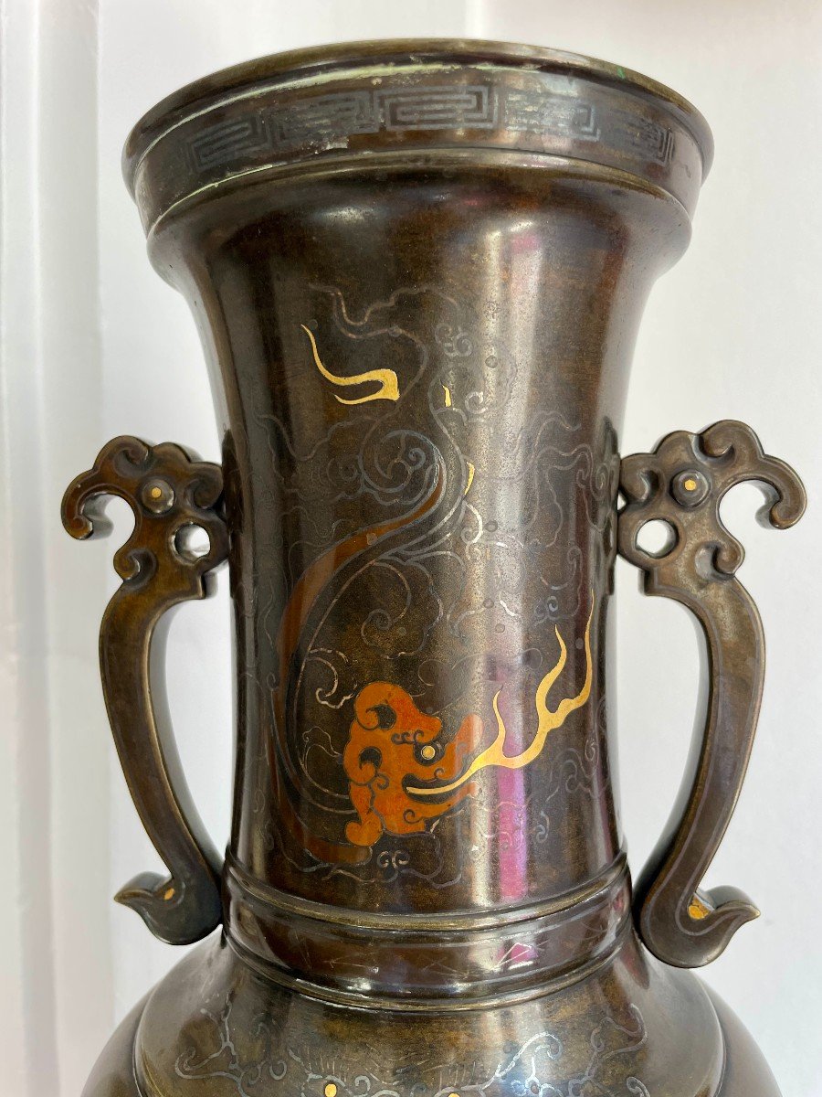 Meiji Japan (1868-1912) Large Bronze Baluster Vase With Relief Bird And Flower Decoration 46cm-photo-2
