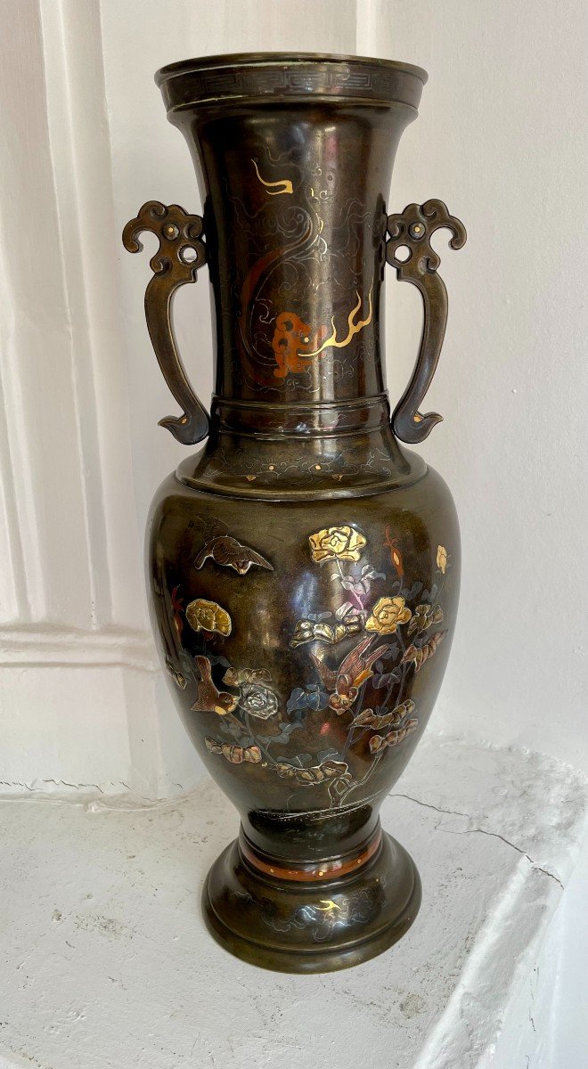 Meiji Japan (1868-1912) Large Bronze Baluster Vase With Relief Bird And Flower Decoration 46cm-photo-7