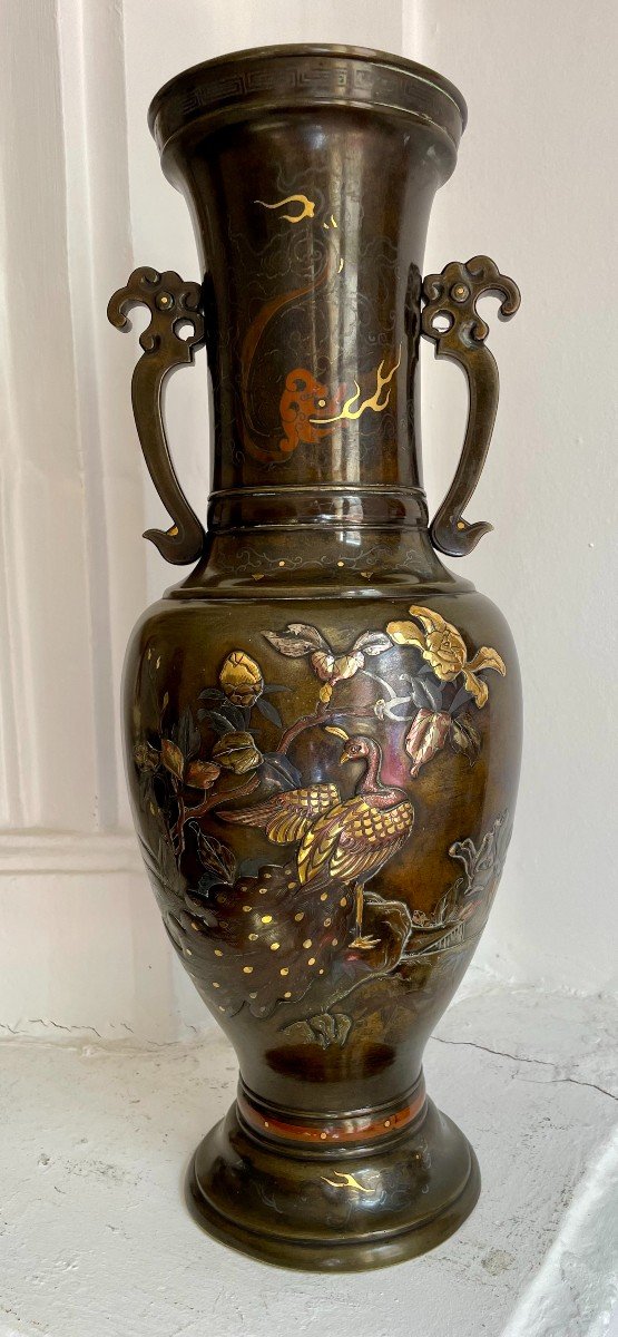 Meiji Japan (1868-1912) Large Bronze Baluster Vase With Relief Bird And Flower Decoration 46cm