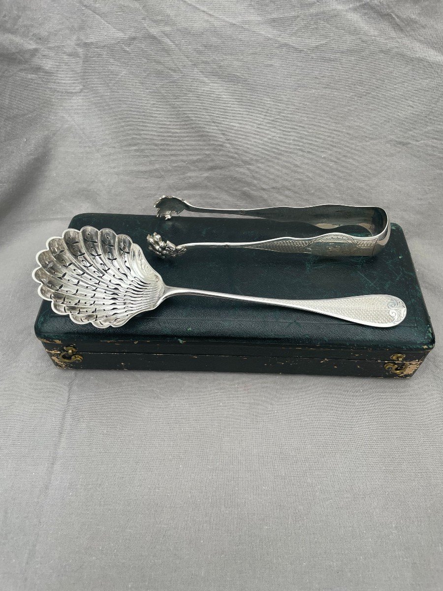 Paul Massat Mo Box Of Sprinkler Spoon & Sugar Tongs Solid Silver Minerva Encrypted Am-photo-2