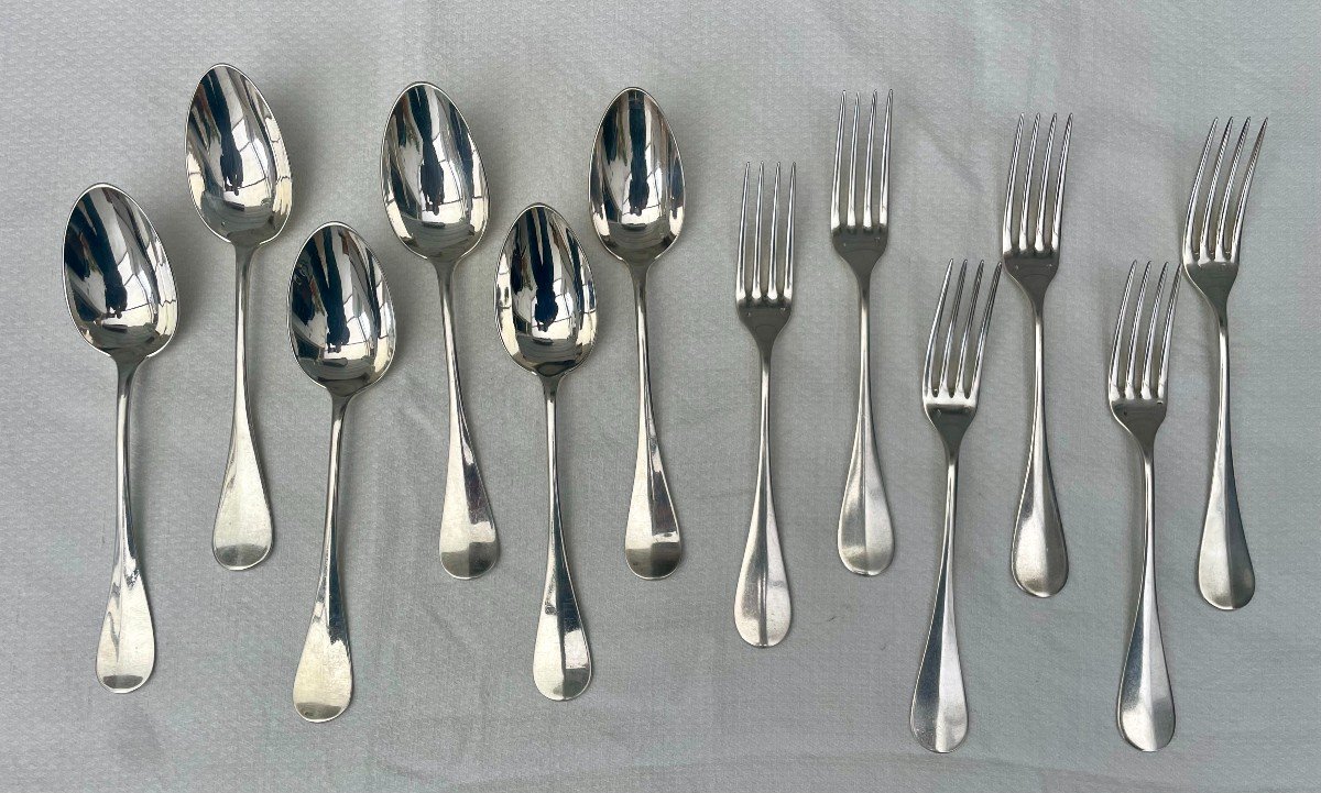 Hénin & Cie fin 19ème six 6 couverts de table 12P argent massif uniplat M.S couronne Comte 1kg -photo-3