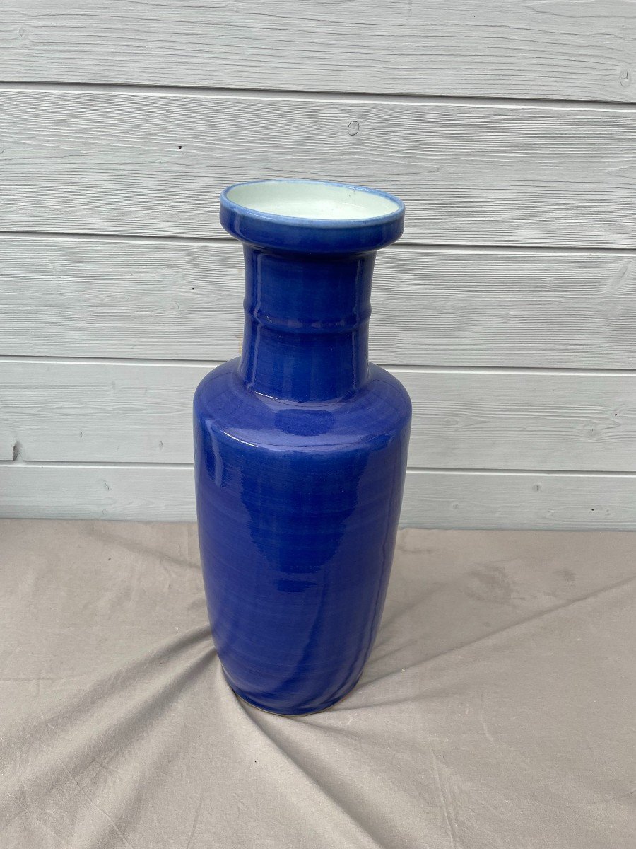 CHINE QING DYNASTY 19ème Vase rouleau porcelaine bleu poudré monochrome ht 44 cm double cercle-photo-2
