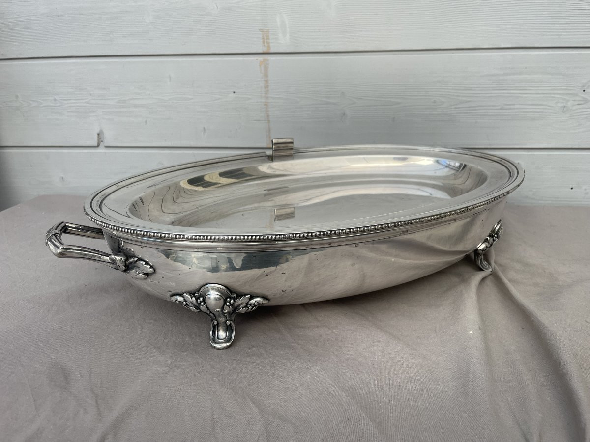 Christofle Paris Chauffe-plat de table à réservoir eau métal argenté fin XIXème 50X27cm gravé T-photo-1