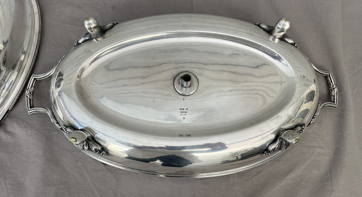 Christofle Paris Chauffe-plat de table à réservoir eau métal argenté fin XIXème 50X27cm gravé T-photo-6