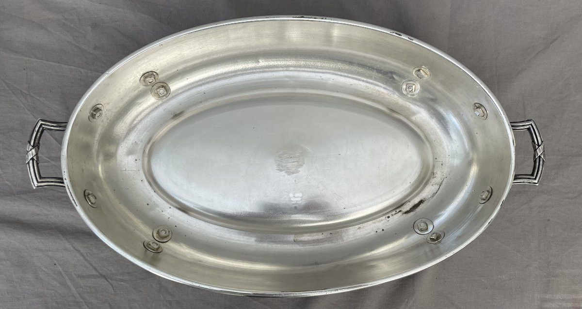 Christofle Paris Chauffe-plat de table à réservoir eau métal argenté fin XIXème 50X27cm gravé T-photo-8