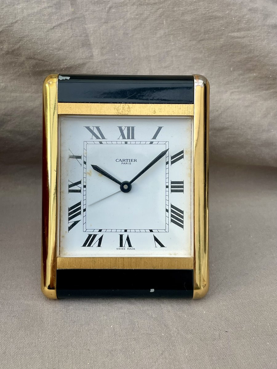 CARTIER. Pendulette Tank de voyage bureau 1983 écrin boîte papiers société suisse 1857-1982-photo-2
