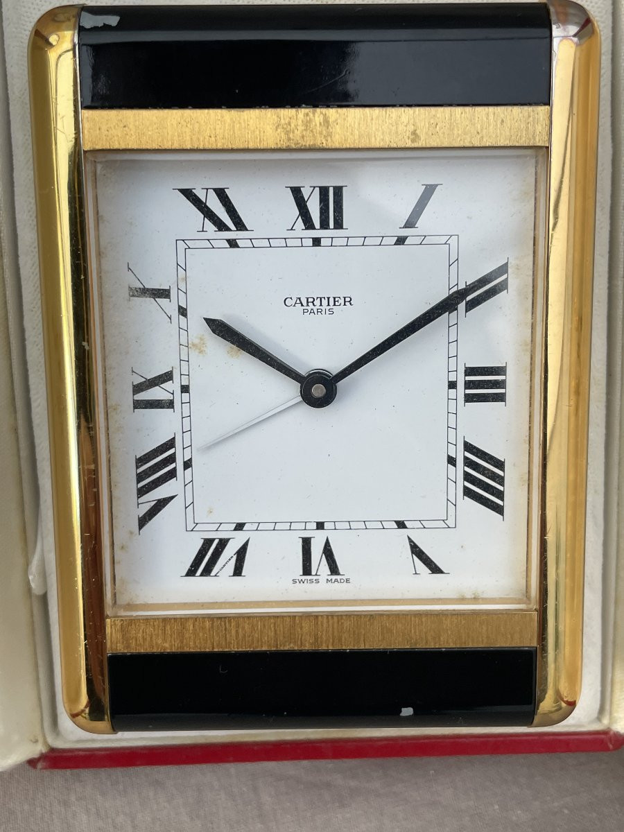 CARTIER. Pendulette Tank de voyage bureau 1983 écrin boîte papiers société suisse 1857-1982-photo-2