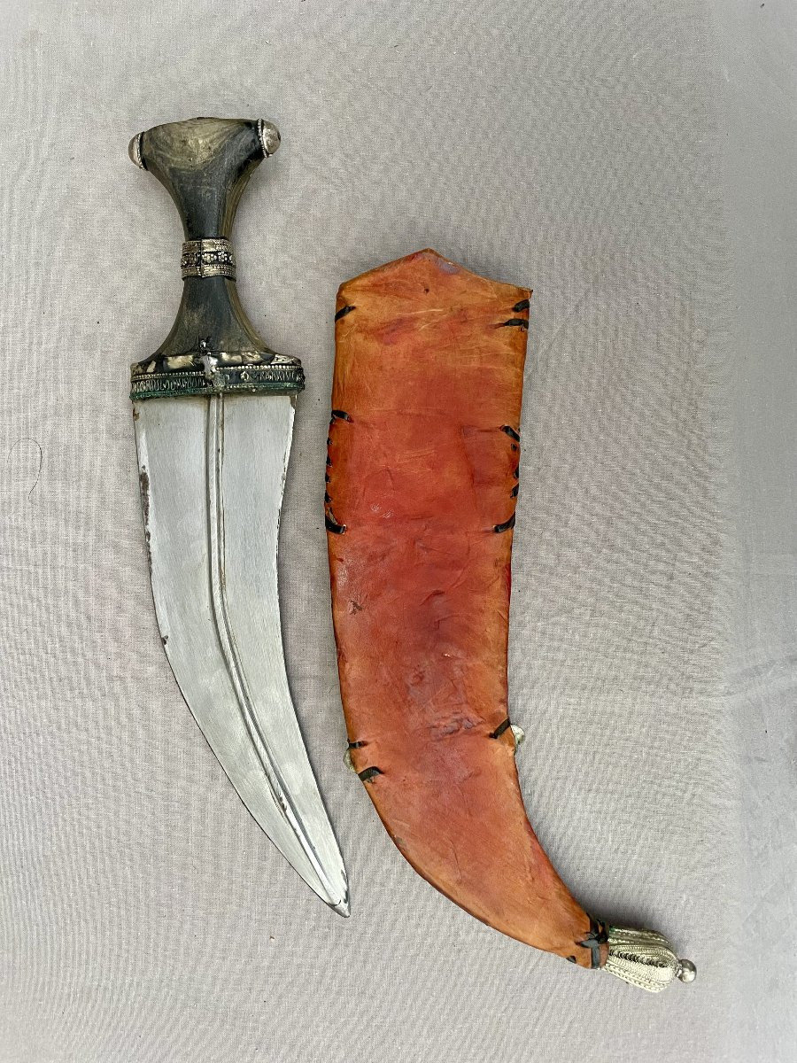 Poignard jambiya, Arabie fin XIXe siècle argent filigrane cuir 38 cm -photo-2