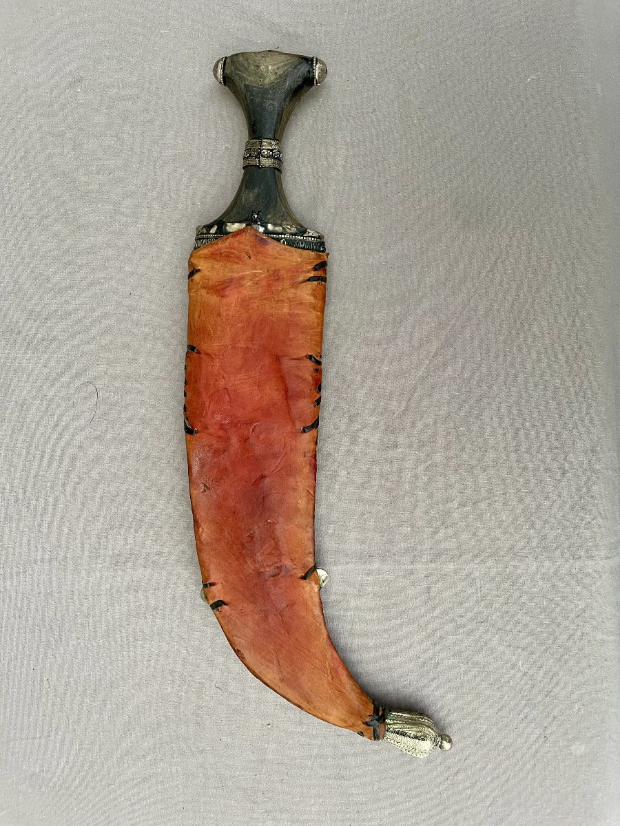Poignard jambiya, Arabie fin XIXe siècle argent filigrane cuir 38 cm -photo-4