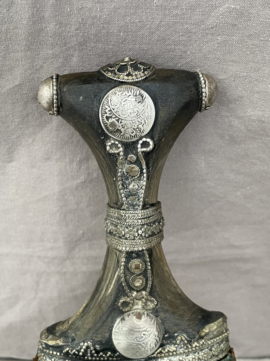 Poignard jambiya, Arabie fin XIXe siècle argent filigrane cuir 38 cm -photo-5