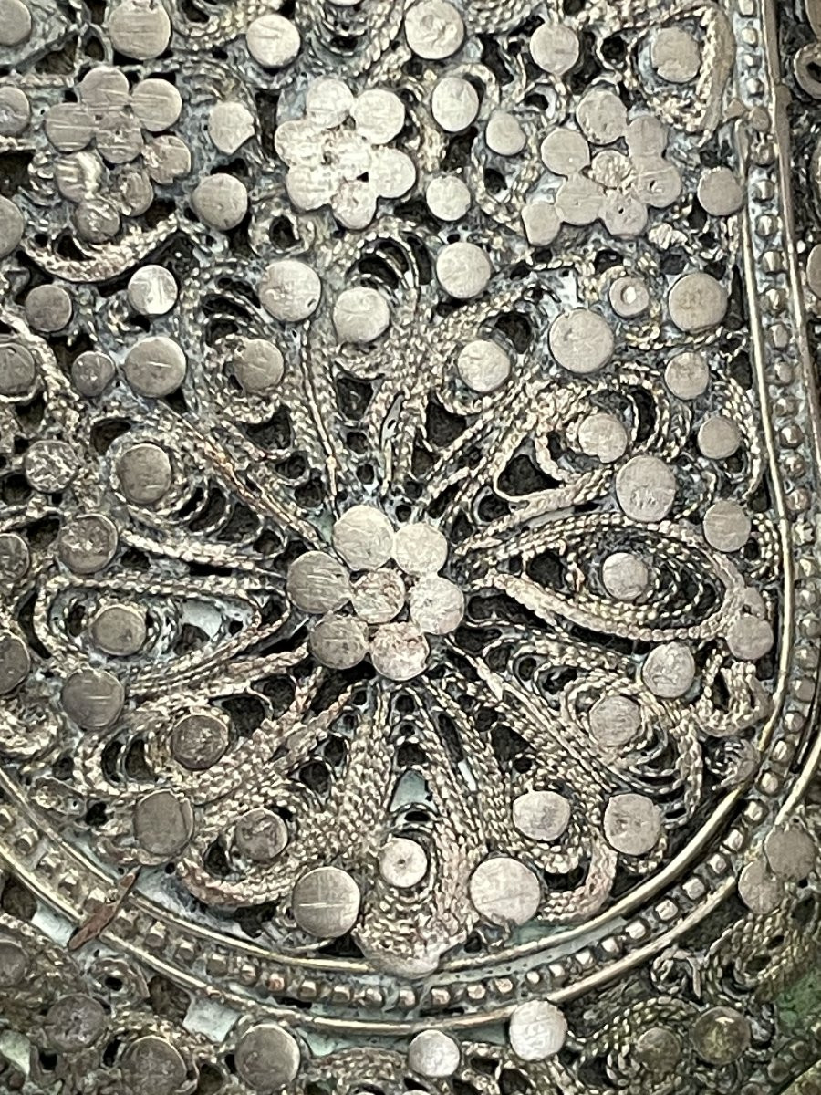 Poignard jambiya, Arabie fin XIXe siècle argent filigrane cuir 38 cm -photo-8