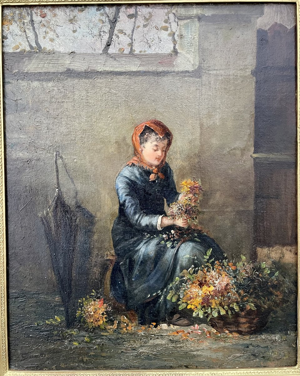 École française du XIX ème siècle huile sur toile "La Marchande de Fleurs" petits métiers Paris-photo-2