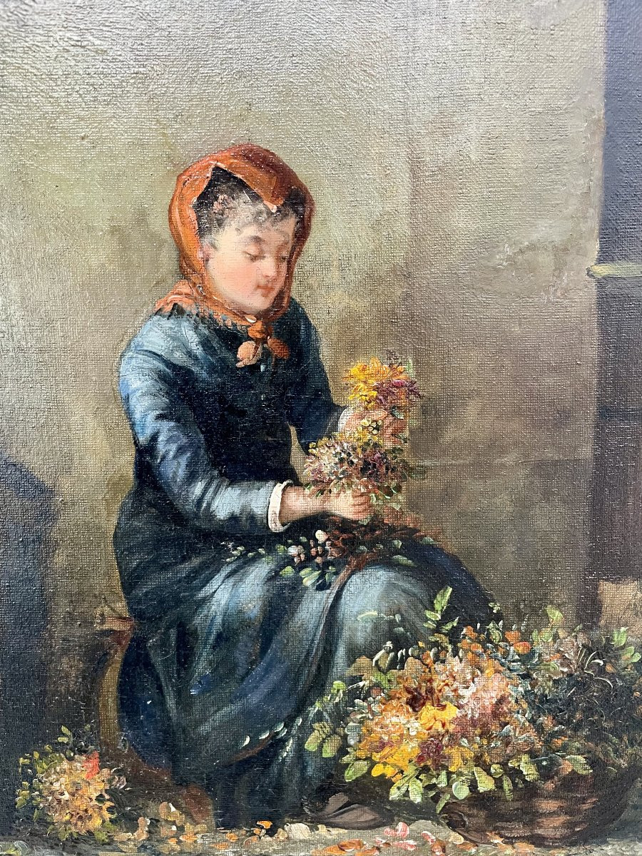 École française du XIX ème siècle huile sur toile "La Marchande de Fleurs" petits métiers Paris-photo-4