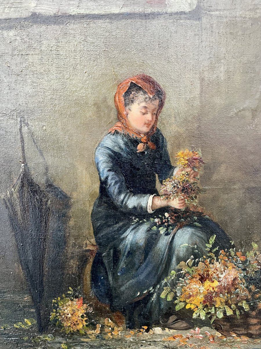 École française du XIX ème siècle huile sur toile "La Marchande de Fleurs" petits métiers Paris-photo-4