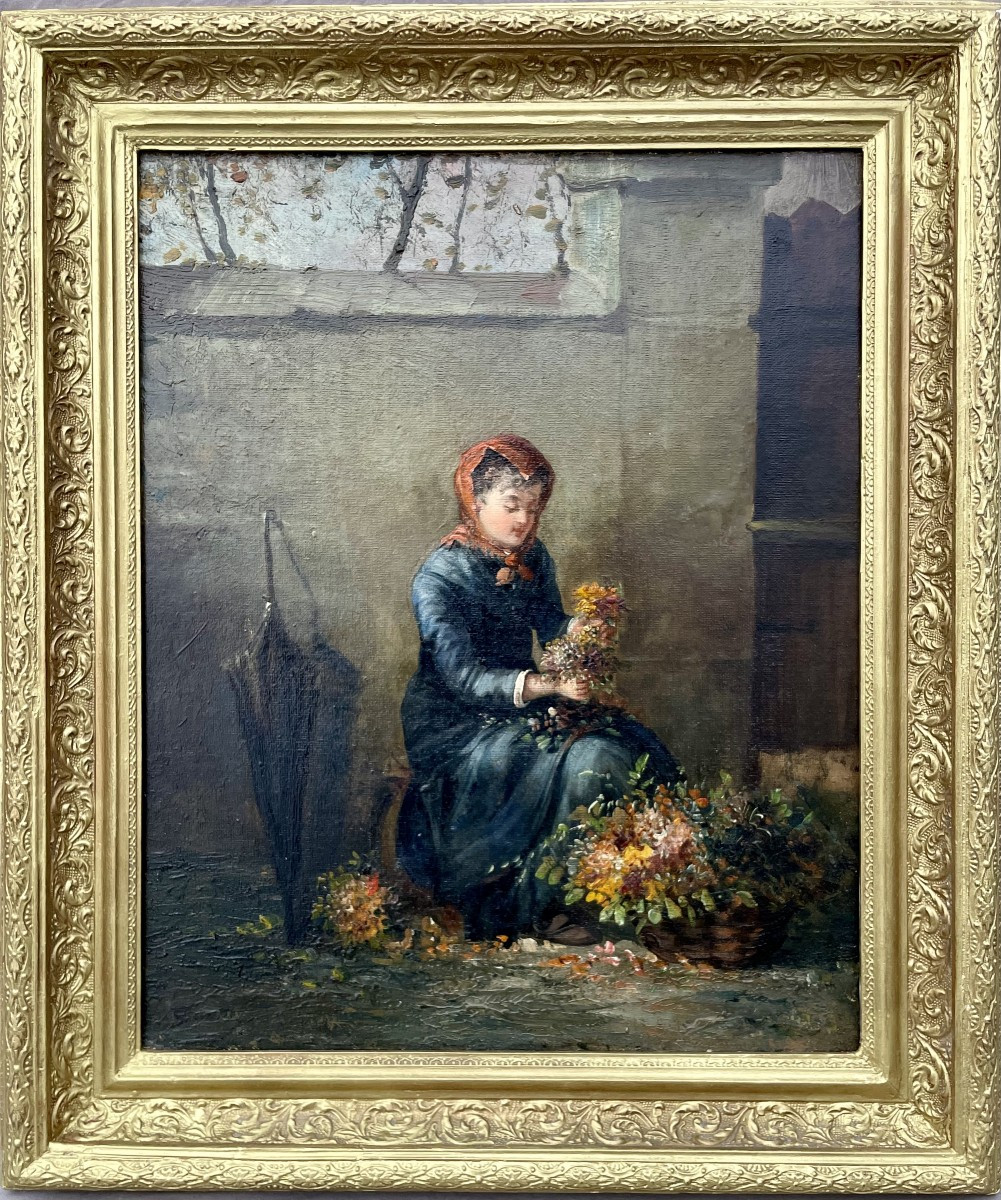 École française du XIX ème siècle huile sur toile "La Marchande de Fleurs" petits métiers Paris