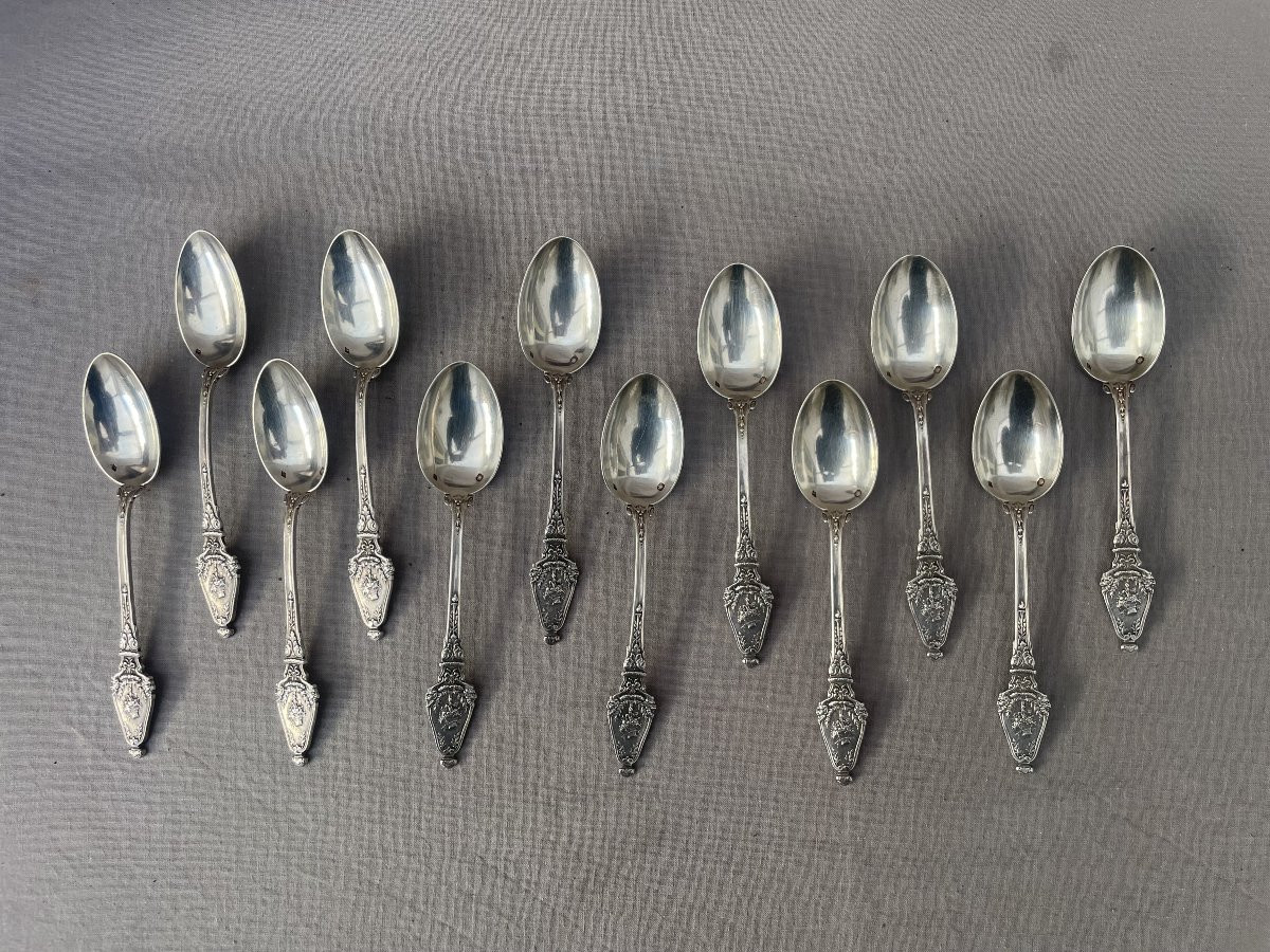 François Labat, Silversmith, Set Of 12 Dessert Teaspoons, Fine Silver, 19th Century, Minerva, Paris -photo-2
