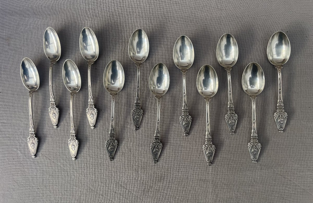 François Labat, Silversmith, Set Of 12 Dessert Teaspoons, Fine Silver, 19th Century, Minerva, Paris -photo-1