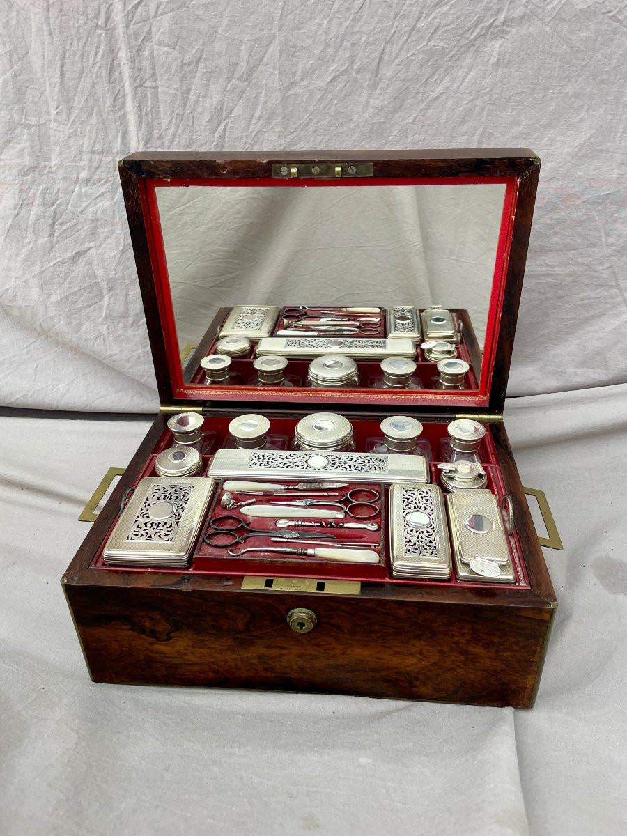 Coffret de toilette de voyage cristal & argent London D Edwards to Her Majesty 1840 19ème-photo-2