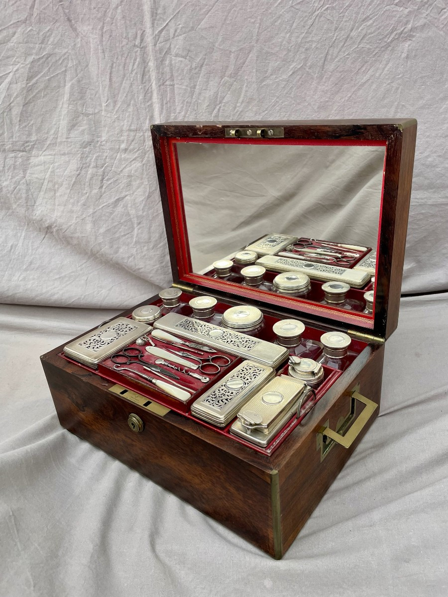 Coffret de toilette de voyage cristal & argent London D Edwards to Her Majesty 1840 19ème