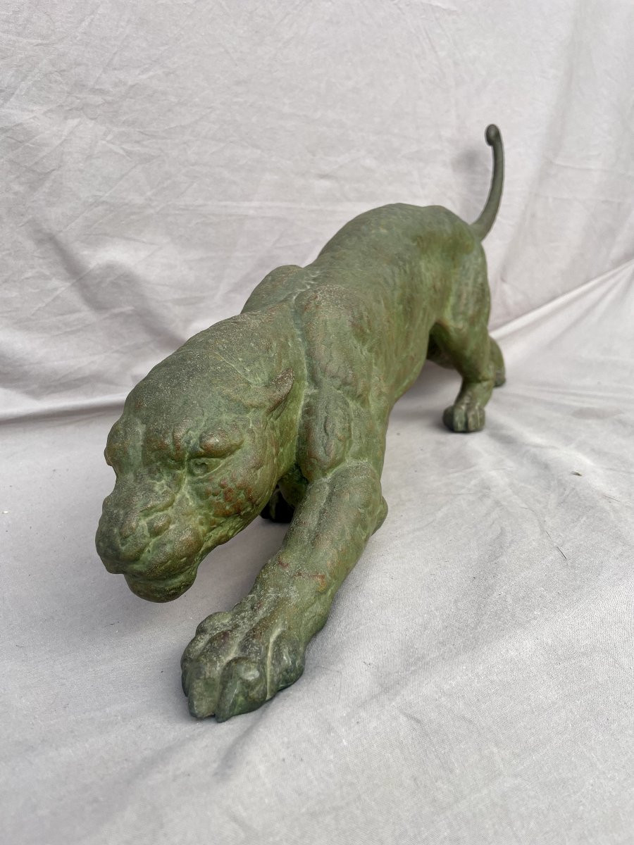 DEMETRE CHIPARUS (1888-1947)  Panthère à l'affût Épreuve en régule à patine vert antique 74cm -photo-2