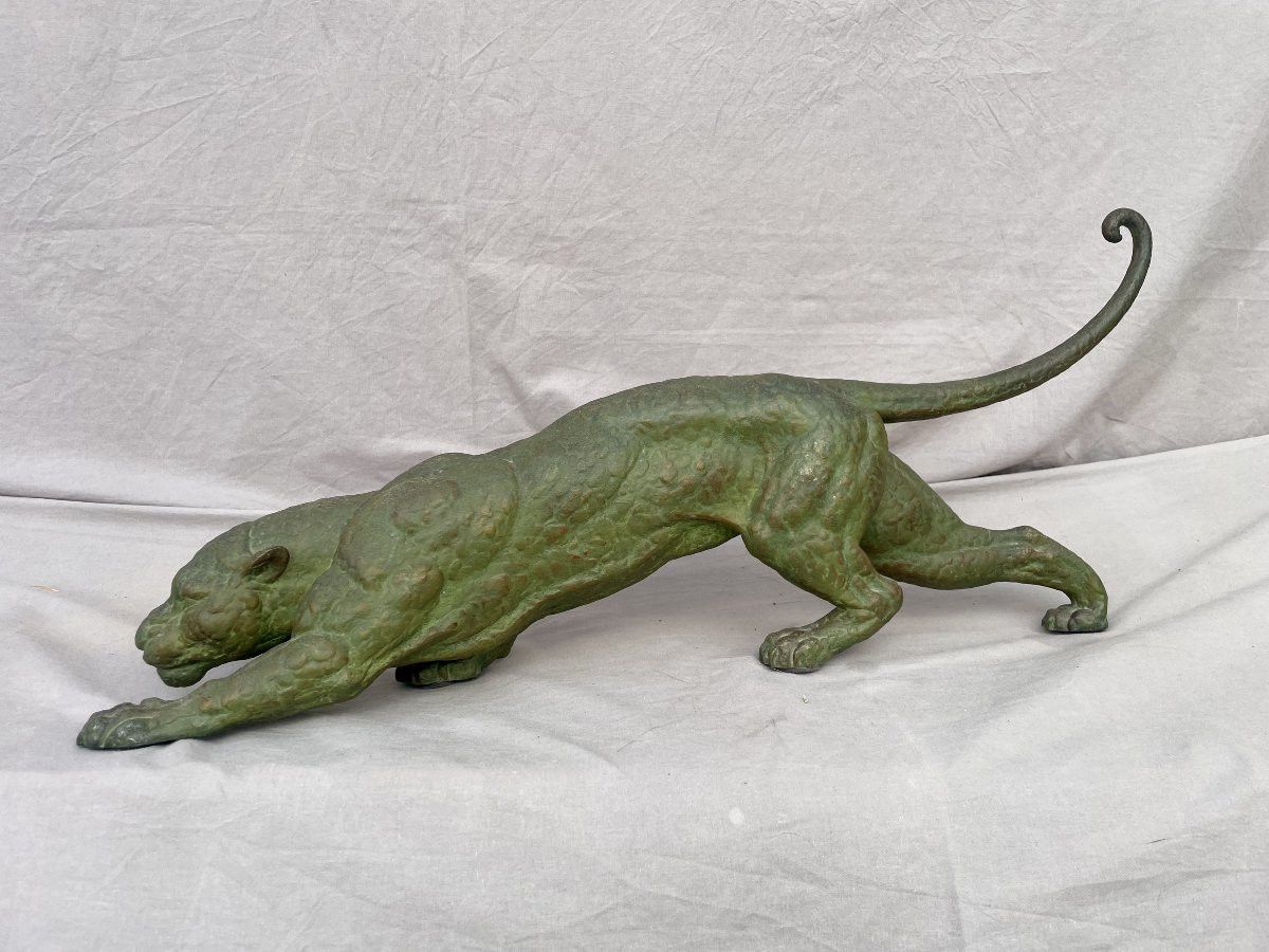 DEMETRE CHIPARUS (1888-1947)  Panthère à l'affût Épreuve en régule à patine vert antique 74cm -photo-3