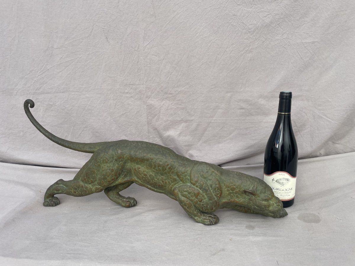 DEMETRE CHIPARUS (1888-1947)  Panthère à l'affût Épreuve en régule à patine vert antique 74cm -photo-4