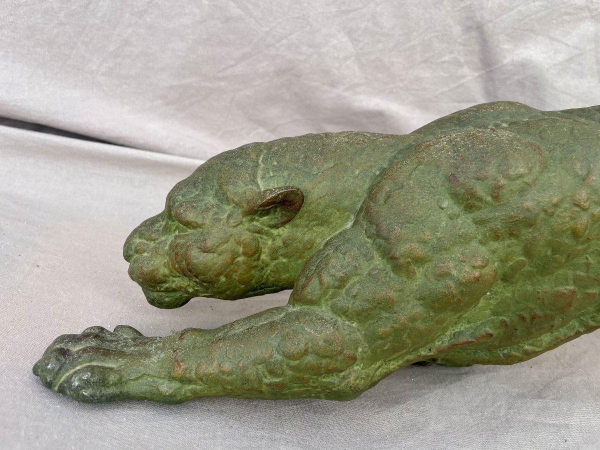 DEMETRE CHIPARUS (1888-1947)  Panthère à l'affût Épreuve en régule à patine vert antique 74cm -photo-3
