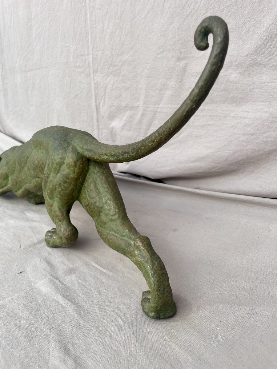DEMETRE CHIPARUS (1888-1947)  Panthère à l'affût Épreuve en régule à patine vert antique 74cm -photo-4