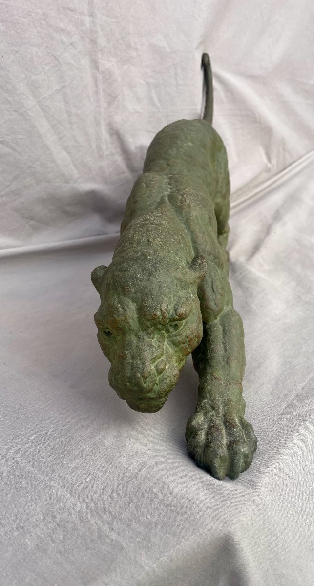 DEMETRE CHIPARUS (1888-1947)  Panthère à l'affût Épreuve en régule à patine vert antique 74cm -photo-7