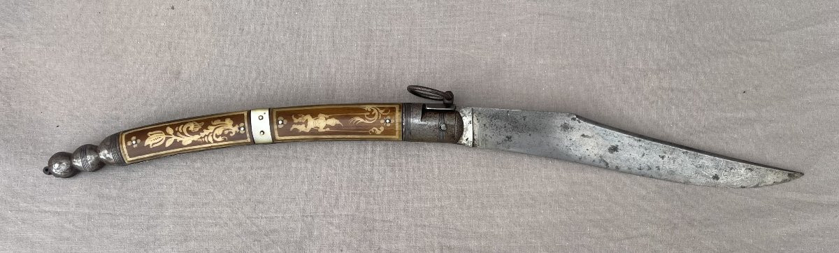 Navaja Espagne Tolède XIXème Grand Couteau pliant manche corne  et nacre L: 44 cm Lame :19,5cm -photo-2