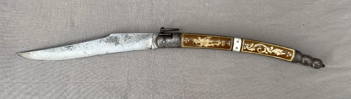 Navaja Espagne Tolède XIXème Grand Couteau pliant manche corne  et nacre L: 44 cm Lame :19,5cm -photo-3