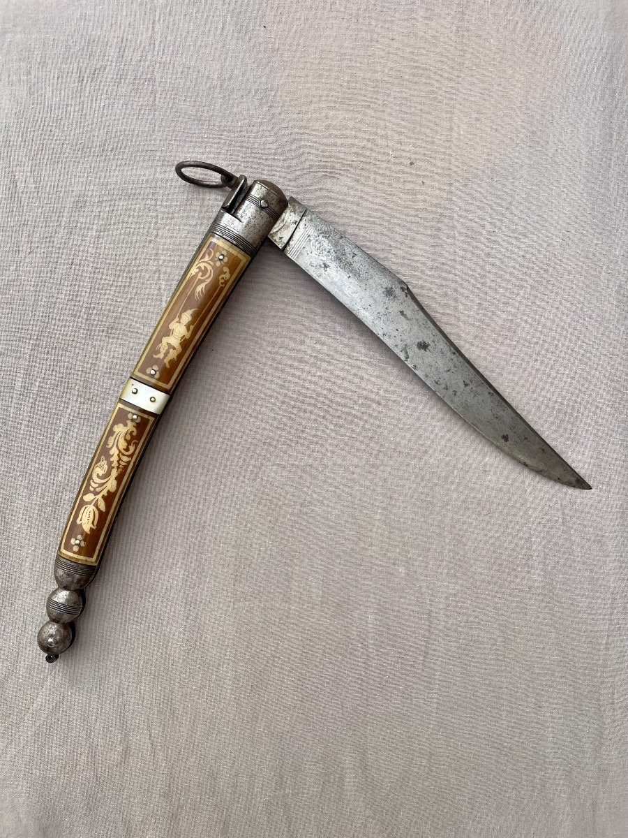 Navaja Espagne Tolède XIXème Grand Couteau pliant manche corne  et nacre L: 44 cm Lame :19,5cm -photo-4