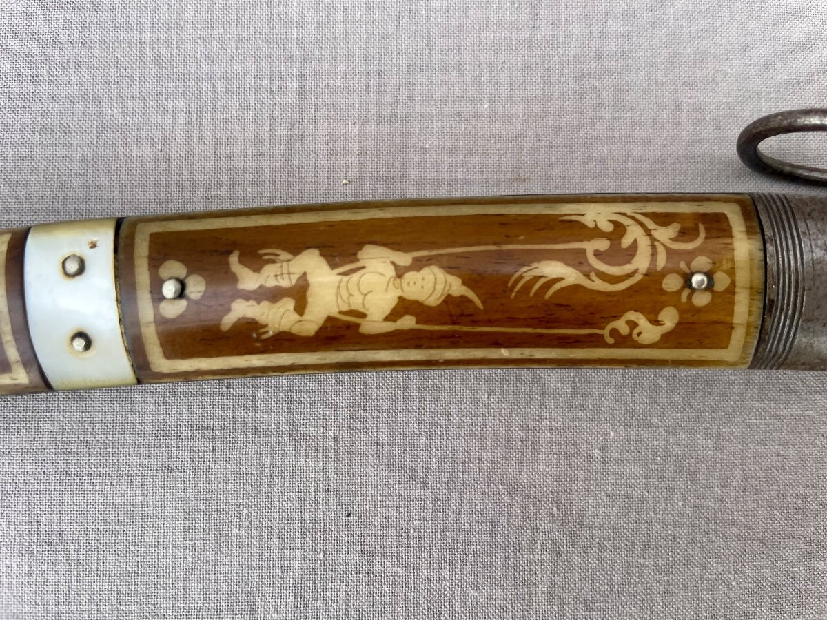 Navaja Espagne Tolède XIXème Grand Couteau pliant manche corne  et nacre L: 44 cm Lame :19,5cm -photo-2