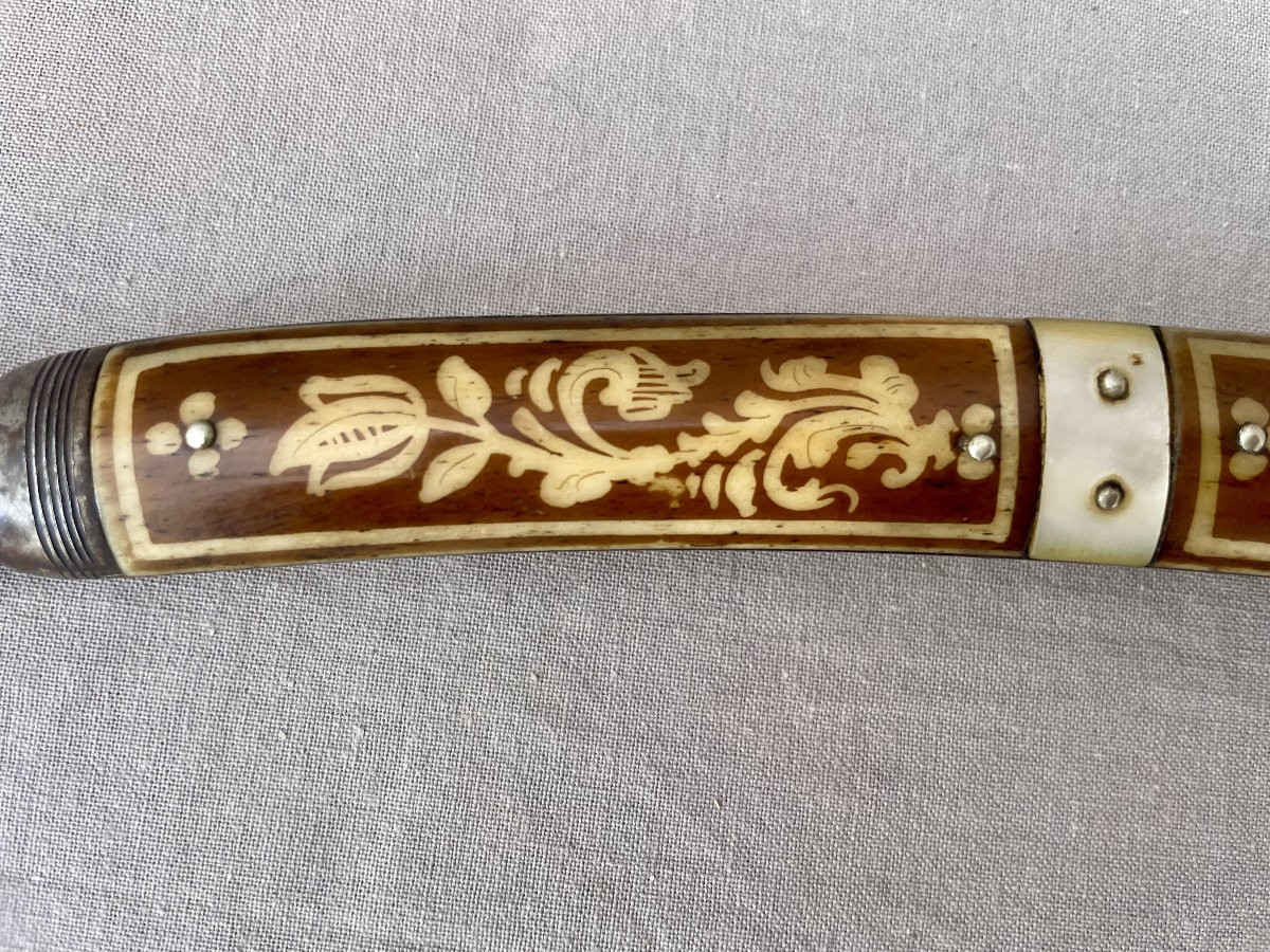 Navaja Espagne Tolède XIXème Grand Couteau pliant manche corne  et nacre L: 44 cm Lame :19,5cm -photo-5