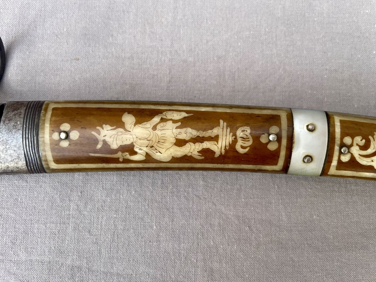 Navaja Espagne Tolède XIXème Grand Couteau pliant manche corne  et nacre L: 44 cm Lame :19,5cm -photo-6