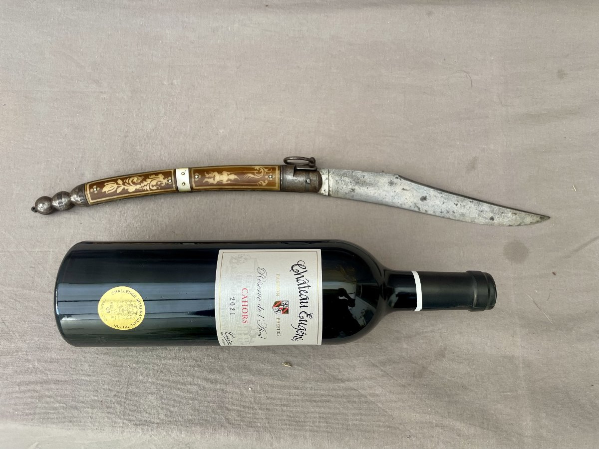 Navaja Espagne Tolède XIXème Grand Couteau pliant manche corne  et nacre L: 44 cm Lame :19,5cm -photo-8