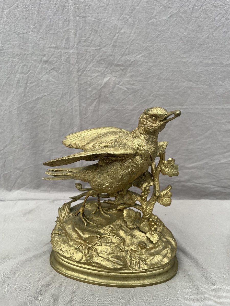 Jules Moigniez (1835–1894) Bird: Grape Thrush Or Berry Thrush 23 × 18 Cm 19th Century Gilded Bronze