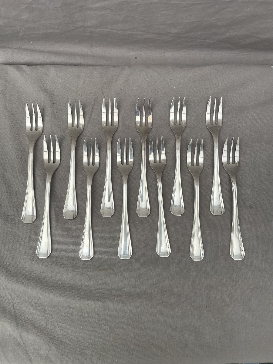 Christofle écrin coffret de 12 douze fourchettes à gâteaux métal argenté modèle Boréal -photo-2