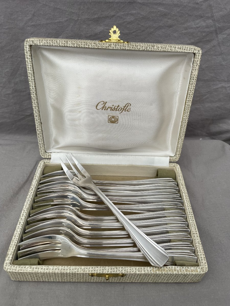 Christofle écrin coffret de 12 douze fourchettes à gâteaux métal argenté modèle Boréal 
