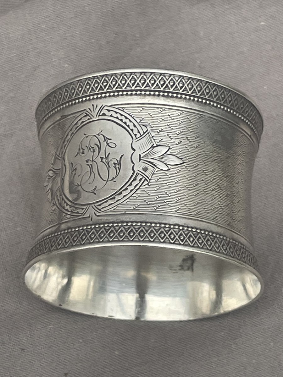 Rond de serviette de table argent massif poinçon Minerve guilloché XIXème 39,8 gr 19ème -photo-4