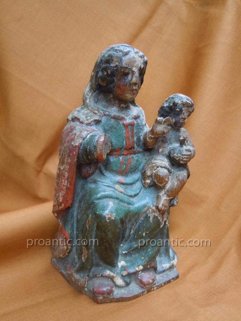 Virgin And Child Statue Wood Polychrome XVIIIème Oak-photo-2