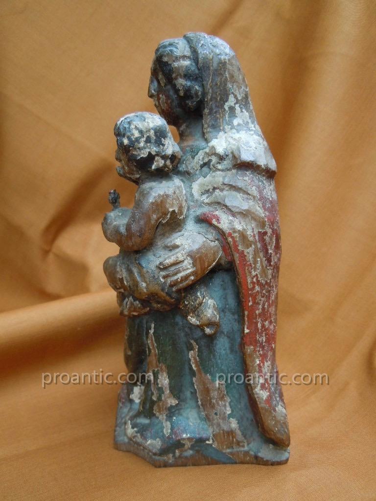 Virgin And Child Statue Wood Polychrome XVIIIème Oak-photo-1