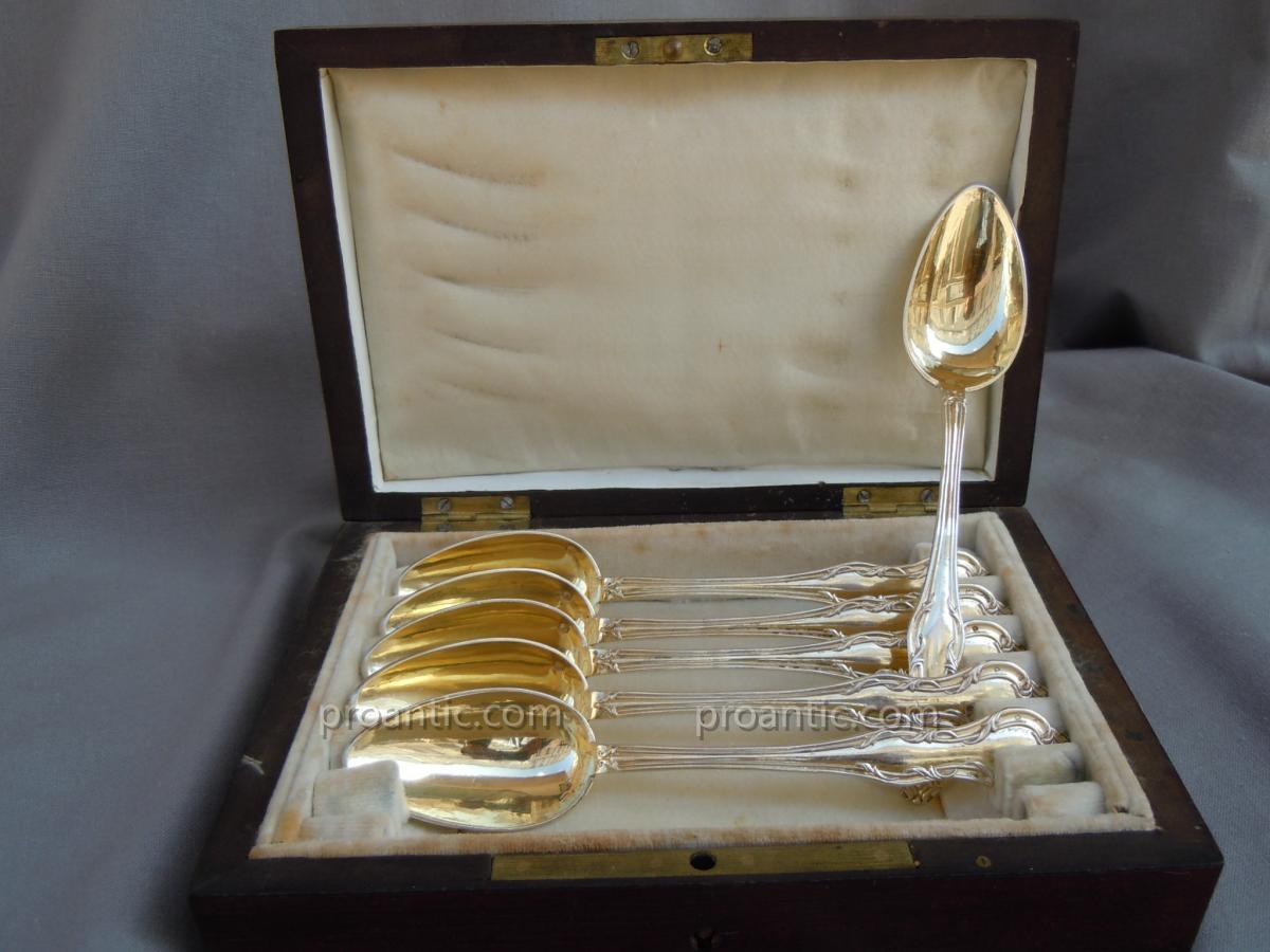 Suite De 6 Cuillères à Thé Dessert En Vermeil Argent Minerve Napoléon III Coffret Palissandre 