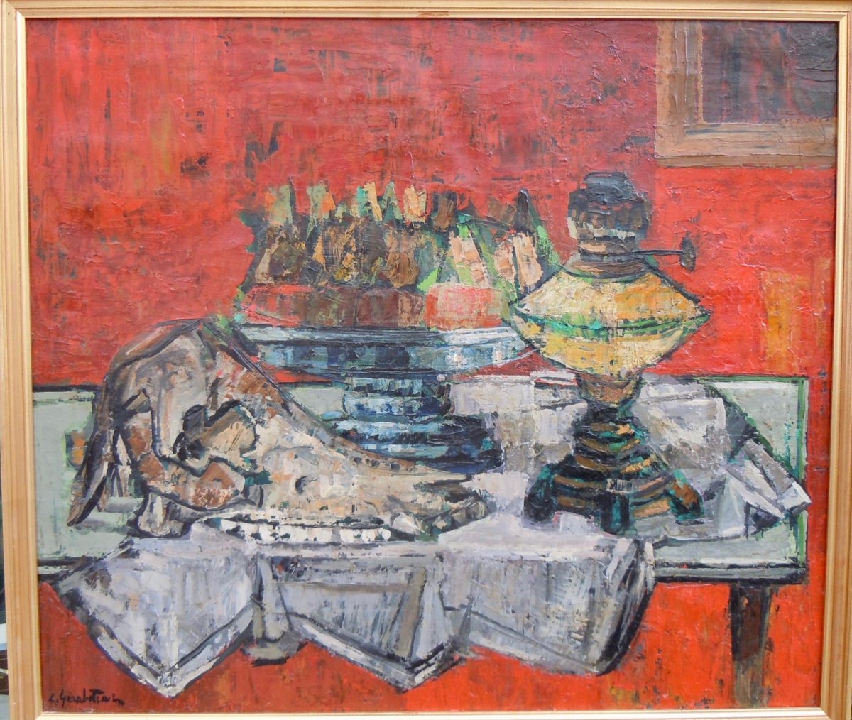 Crikor Garabetian (1908-1993) Nature Morte Vanité Crâne Animal 55x63 Cm Huile Sur Toile Signée peintre Arménien Arménie -photo-4