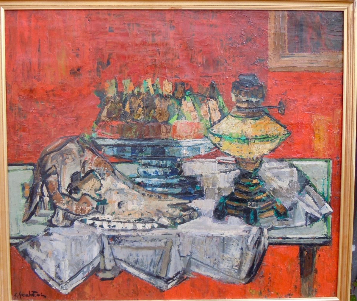 Crikor Garabetian (1908-1993) Nature Morte Vanit&eacute; Cr&acirc;ne Animal 55x63 Cm Huile Sur Toile Sign&eacute;e peintre Arm&eacute;nien Arm&eacute;nie 