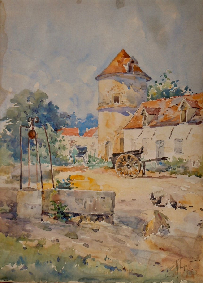 René Leverd 1872-1938 Aquarelle Basse Cour Poules Post-impressionniste Postimpressionnnisme 