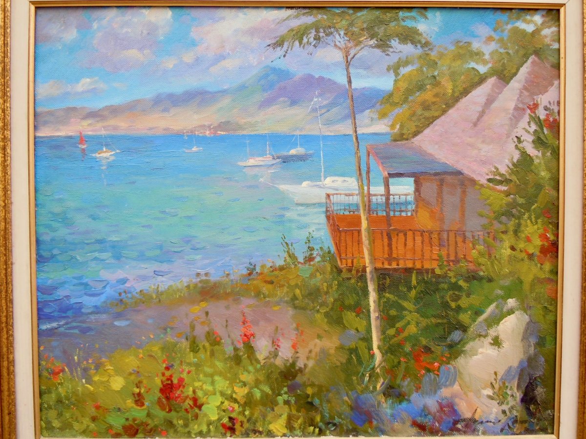 Roman Adgamov 1951 Peintre école ecole Russe Russie Bord De Côte En Mer Noire Sotchi Huile Sur Toile 52x63cm Signé  Роман Адгамов 1951 Россия Россия Побережье в Черном море Сочи Холст, масло 52x63см Подписано-photo-4