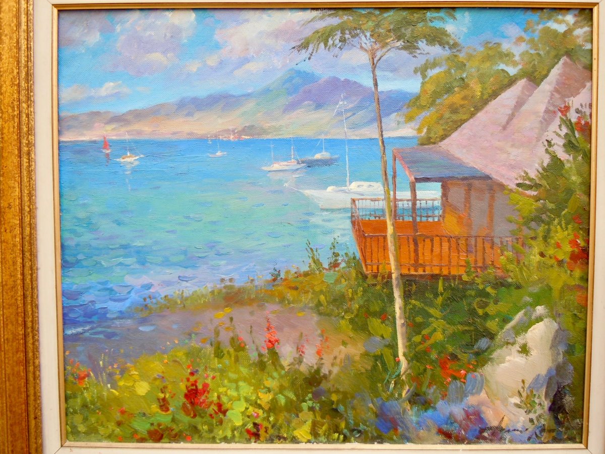 Roman Adgamov 1951 Peintre école ecole Russe Russie Bord De Côte En Mer Noire Sotchi Huile Sur Toile 52x63cm Signé  Роман Адгамов 1951 Россия Россия Побережье в Черном море Сочи Холст, масло 52x63см Подписано-photo-5