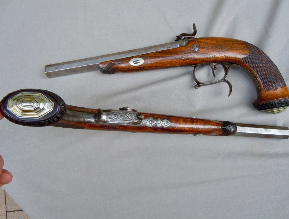 Coffret Cassette N&eacute;cessaire Pistolets De Duel Sign&eacute;s Lassence Rong&eacute; Liege Circa 1840 XIX&egrave;me Louis-Philippe -photo-3